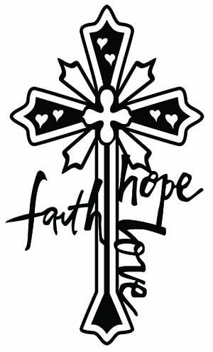 A stylized black and white cross with "Faith Hope Love" written in cursive.