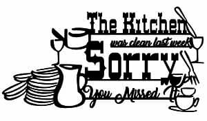 A kitchen-themed graphic with the words "The Kitchen was clean last week Sorry you missed it" in a playful font and accompanying illustrations.