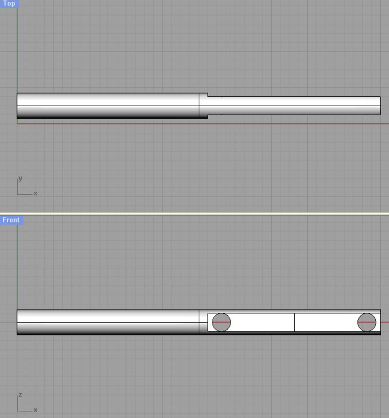 Three-dimensional CAD design of a rear bar with top and front views, including measurements and labels.