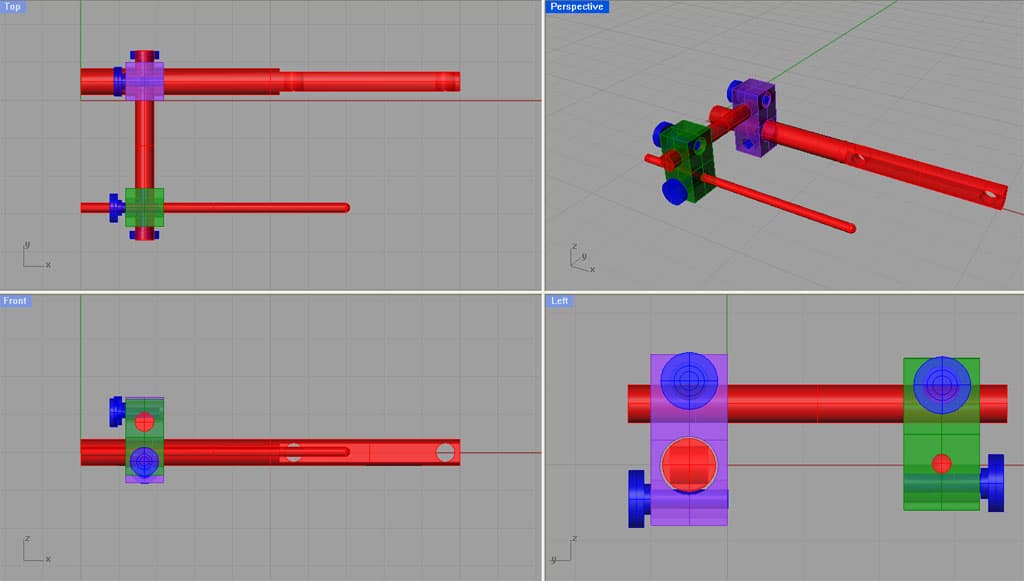 Red vise stop with blue components on top of green workpiece in 3D modeling software.