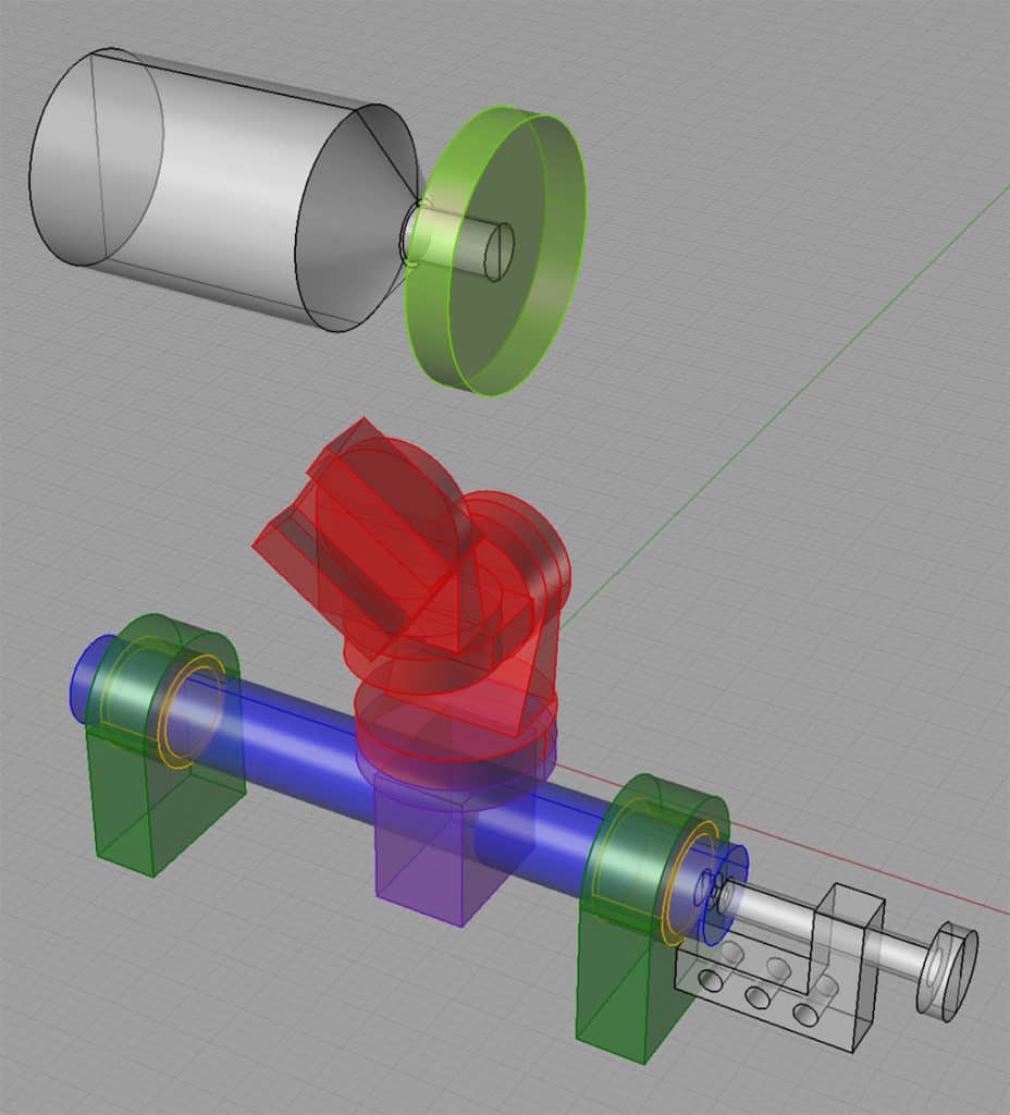 3D CAD model of mechanical components including bearings, gears and machinery parts.