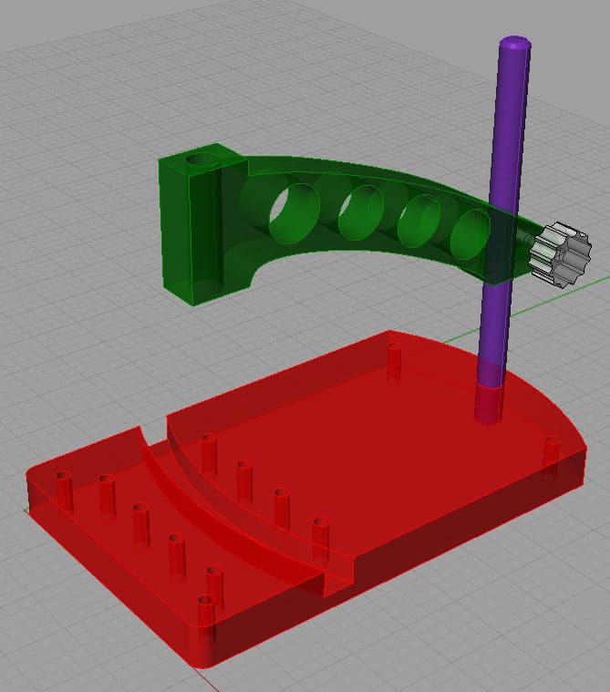 3D CAD model of a green curved bridge with red base and purple post.