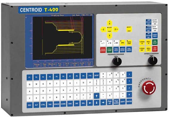 Grey control panel with graph display and colored buttons and knobs.