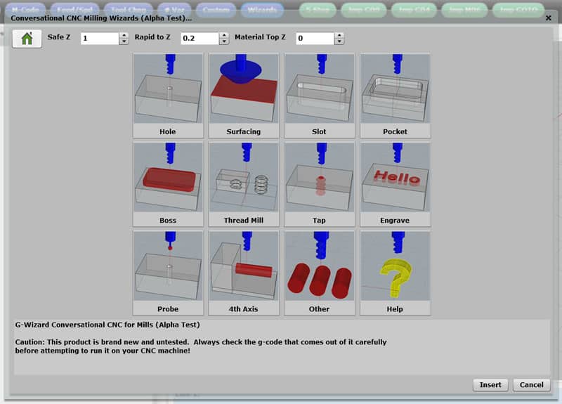 Conversational CNC milling software interface with icons for tools and operations.