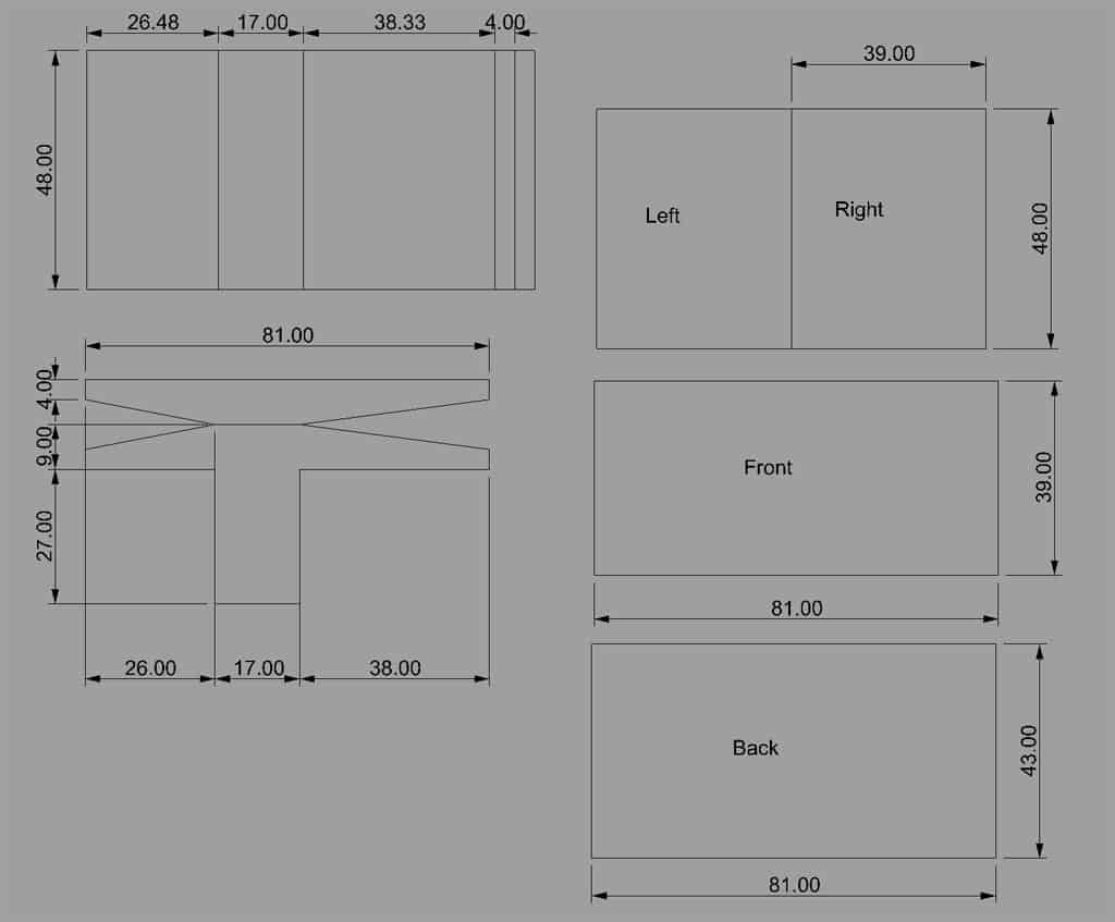 Technical diagram of a rectangular object with labeled measurements in inches on a gray background.