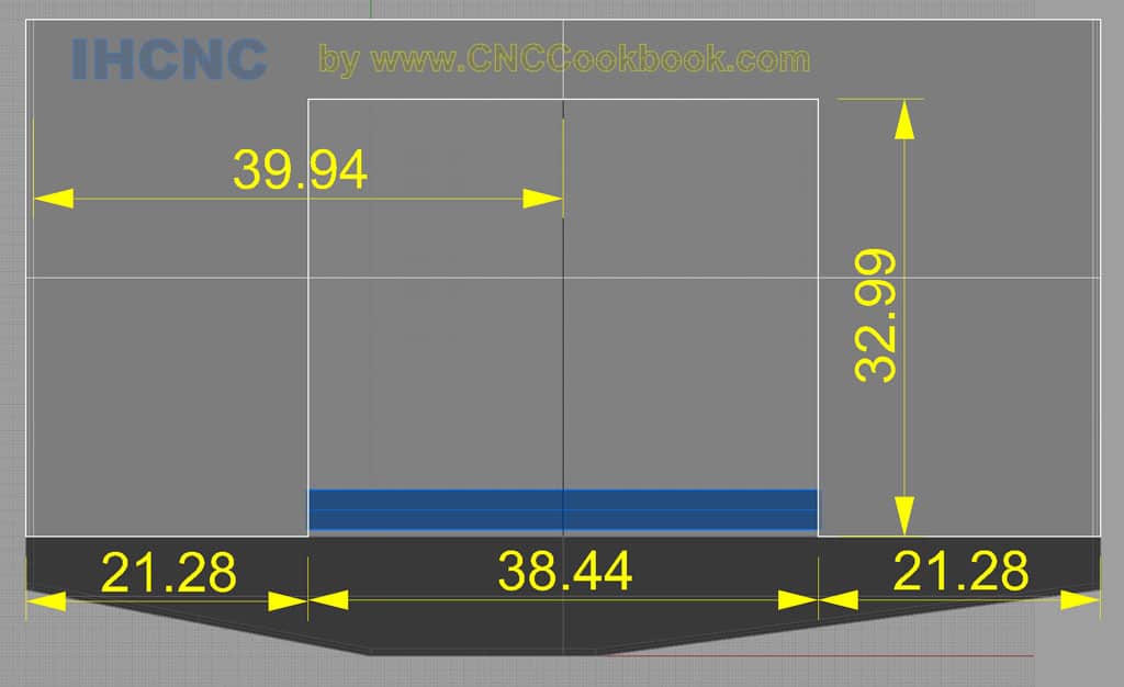 Technical drawing with labeled dimensions: 39.94, 32.99, 38.44, and 21.28 in yellow text on a gray background.