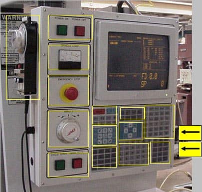 A Haas control panel with large screen, buttons, and screens displaying machining information.