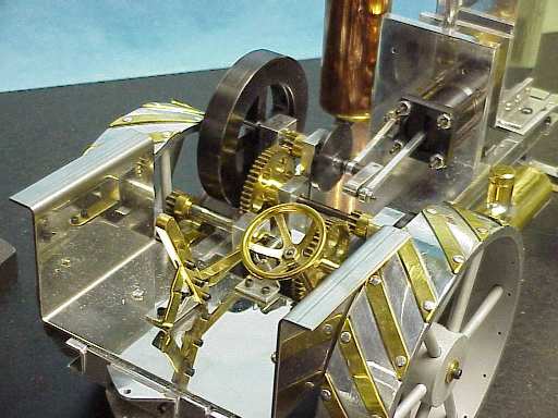 Early 20th-century steam engine-powered tractor internal mechanics.