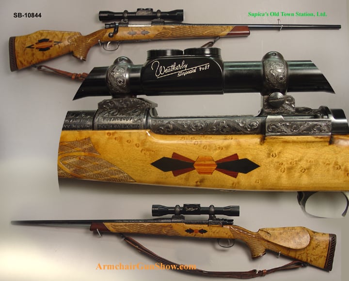 Rifle with intricately carved stock and engraved barrel made from birdseye maple.