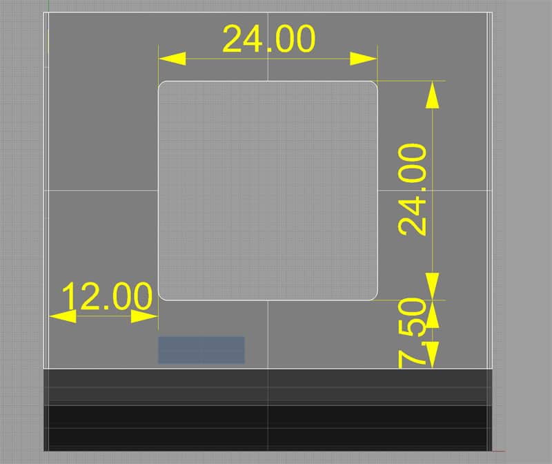 A technical illustration of a 3D side window with dimensions: depth 7.50 inches, width 24 inches, height 24 inches, thickness 1.25 inches.