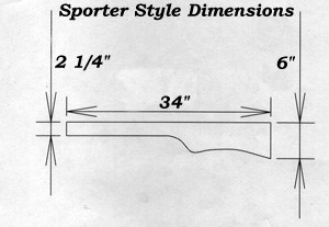 Sporter rifle blank dimensions diagram measuring 2 1/4" x 34" x 6".