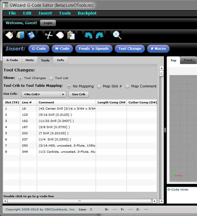 CNCCookbook.com Tools tab screenshot with table of drill bits, end mills, routers, and editing/search options.