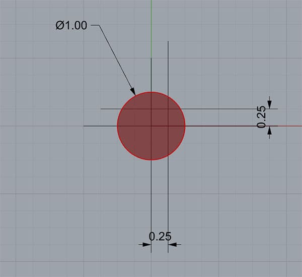 Technical diagram of a red circle with measurements and dimensions on a gray background.
