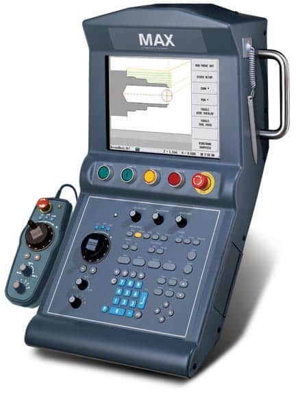 A CNC control panel with a 3D metal part display on a large screen and controls for the machine.