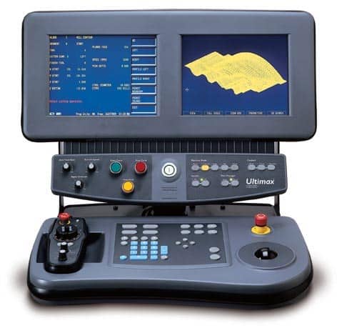 Control panel for a CNC machine with screen, buttons and joystick.