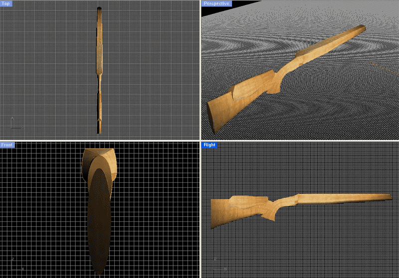 A wooden object with a long, thin shape and rounded edges, shown in multi-angle 3D view on a grid background.