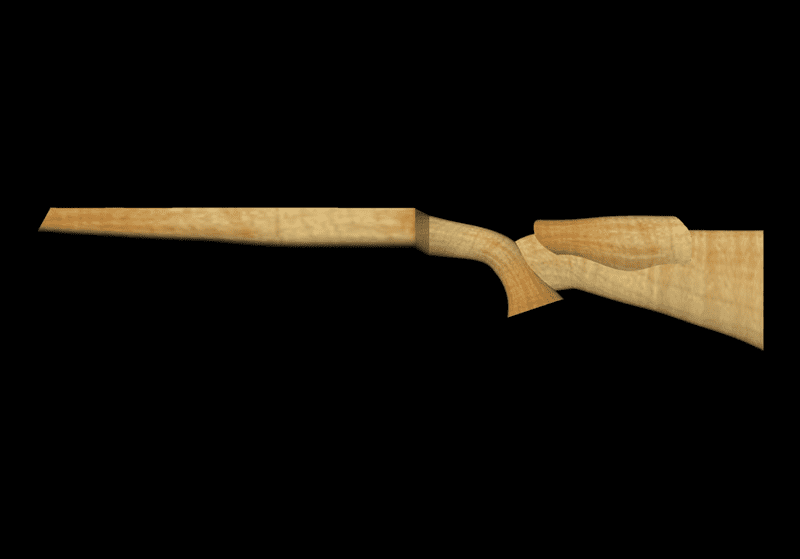 Light-colored wooden rifle stock with curved shape and small notch.