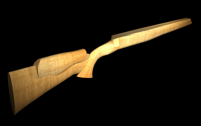 A 3D rendering of a rifle stock with light-colored wood grain pattern.