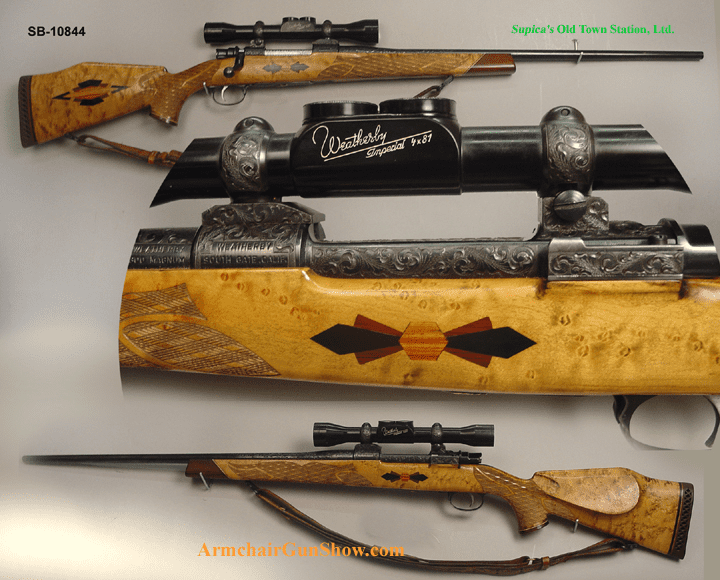 Two rifles with wooden and scope features on a light gray background.