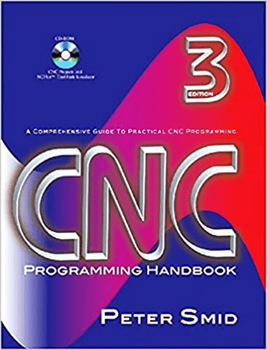Blue book cover with pink and white gradient, prominent title and silver highlight, featuring Peter Smid's "CNC Programming Handbook 3rd Edition" logo.