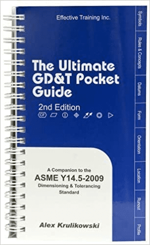 Blue and gray spiral-bound book cover with white text, titled "The Ultimate GD&T Pocket Guide".