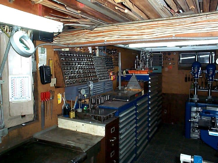 Machine shop with various tools and equipment.