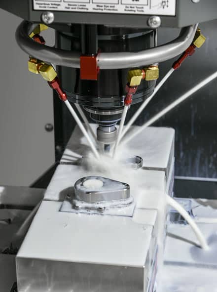 Silver spindle coolant ring with red and yellow accents on CNC machining center.