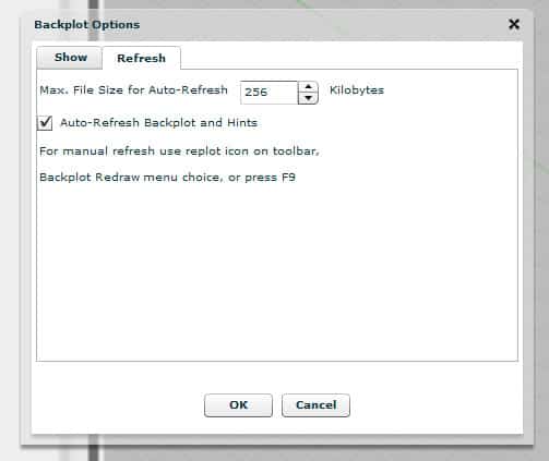Backplot Refresh Options window on CNCCookbook.com, with dropdown menu for unit selection, including Kilobytes.