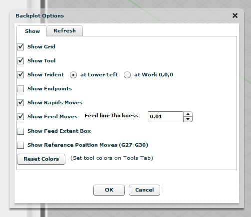 Backplot Show Options window on CNCCookbook.com with customization settings.
