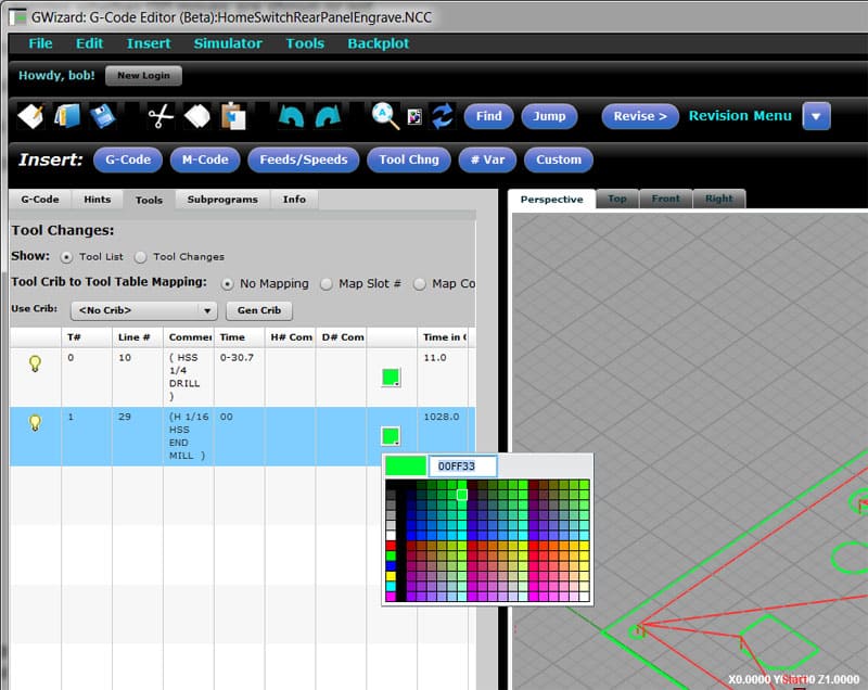 GWizard: G-Code Editor (Beta) screenshot with Home Switch Rear Panel Engrave tool backplotting function.