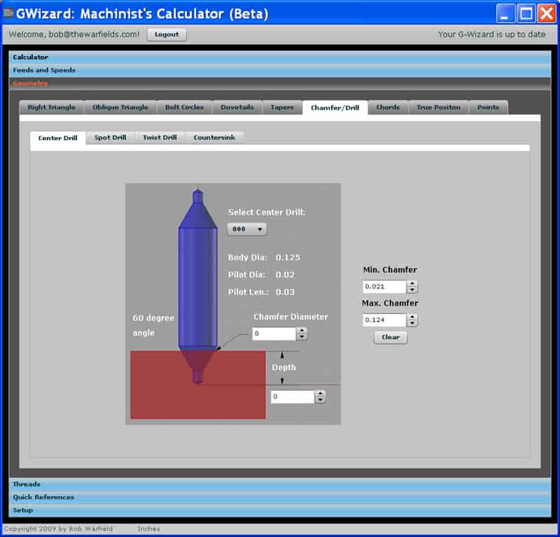 GWizard tool calculator interface on CNCCookbook.com for machining and CNC machines.