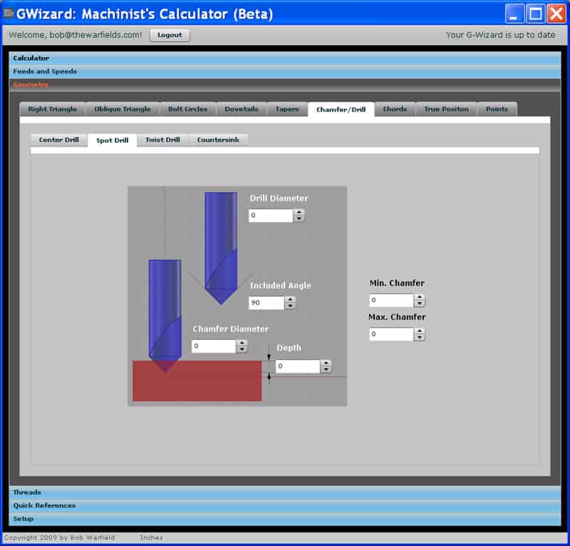 GWizard Machinist's Calculator screenshot: Spot drill calculator with graph and adjustable settings.