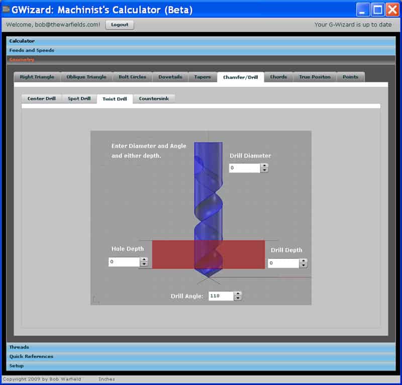 GWizard Machinist's Calculator screenshot displaying twist drill calculator with blue spiral-shaped graphic.