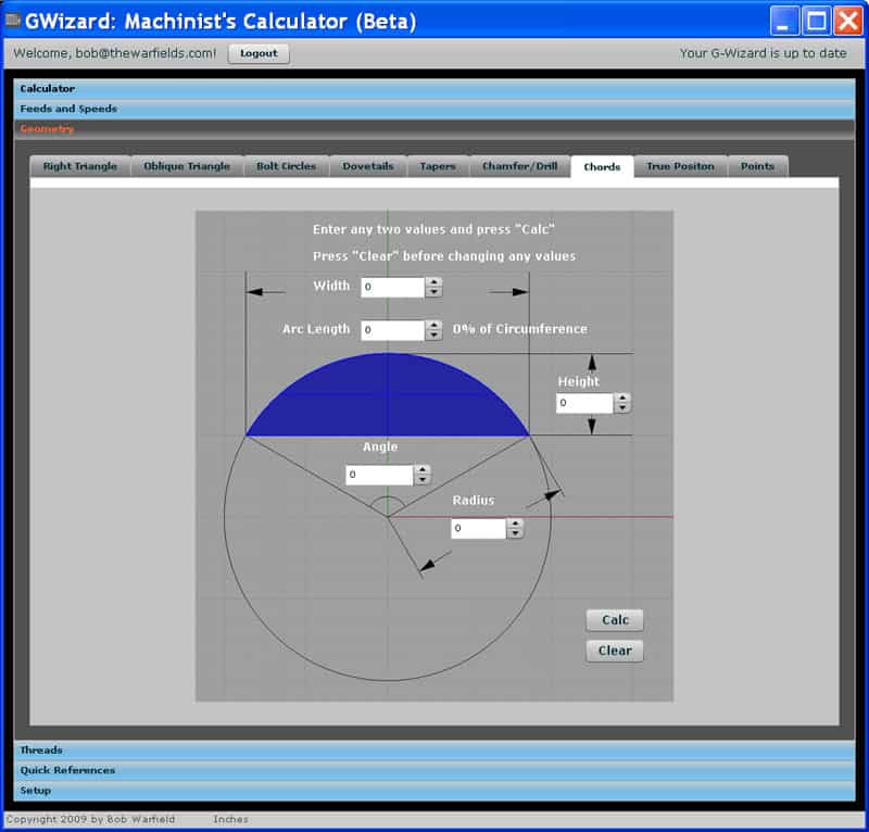 Screenshot of GWizard's chord calculator tool with blue banner, gray background, and white text/buttons.