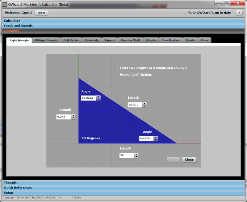 GWizard: Machinist's Calculator screenshot with blue triangles on a gray background.