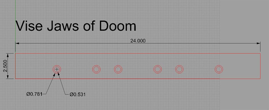 Technical drawing of Vise Jaws of Doom with red details on a gray grid.