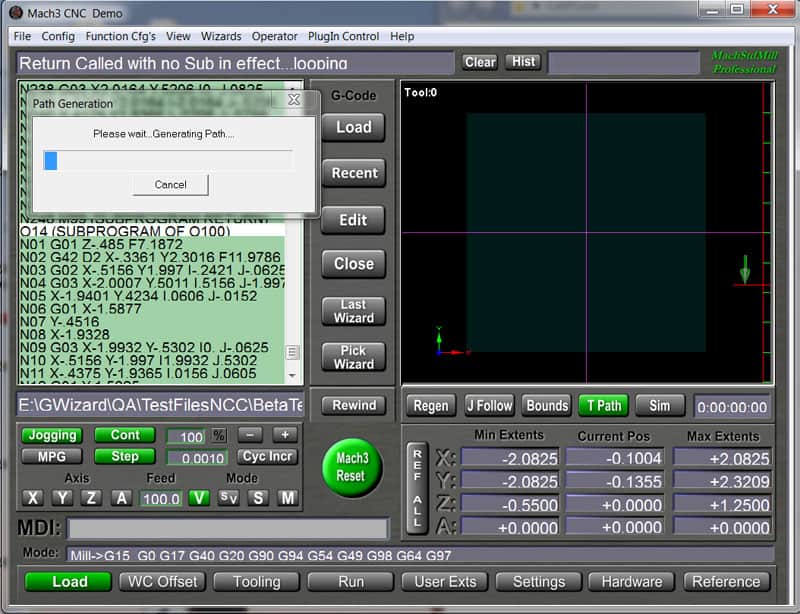 Mach 3 CNC control system computer screen with menu options and graph display.