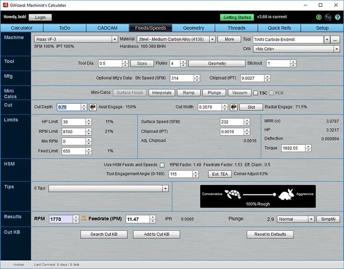 Machining software tools and settings on screen.