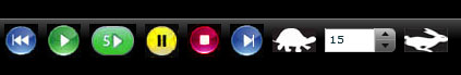 Row of buttons with a play button, speaker icon, pause button, volume control, and rewind button.