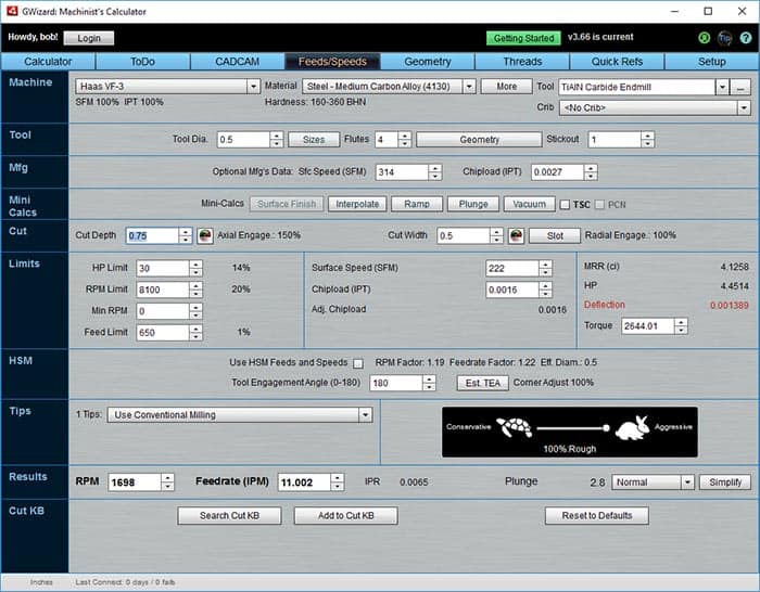 G-Wizard Machinist's Calculator software tool screenshot.