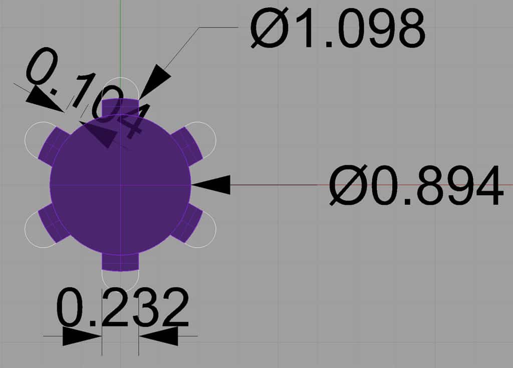 Technical illustration of a purple spline with dimensions.