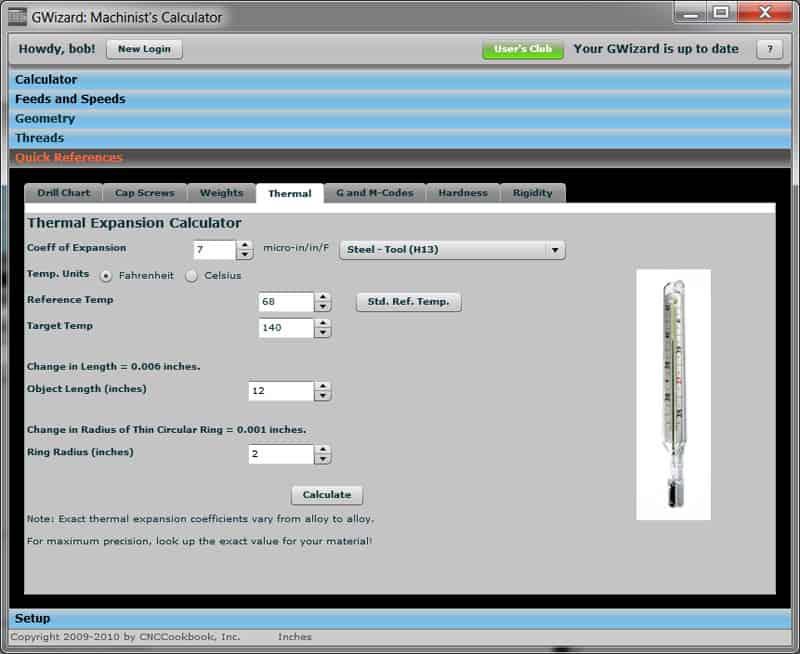 Thermally expanded metal calculator for machining.