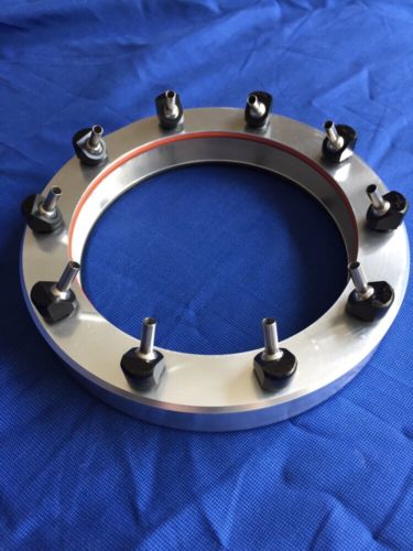 Silver ring with 8 black protrusions on a blue background.