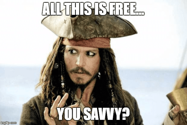 Johnny Depp as Captain Jack Sparrow with pirate hat and the text 'ALL THIS IS FREE... YOU SAVVY?'