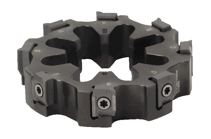 Black circular metal component with central and peripheral holes.