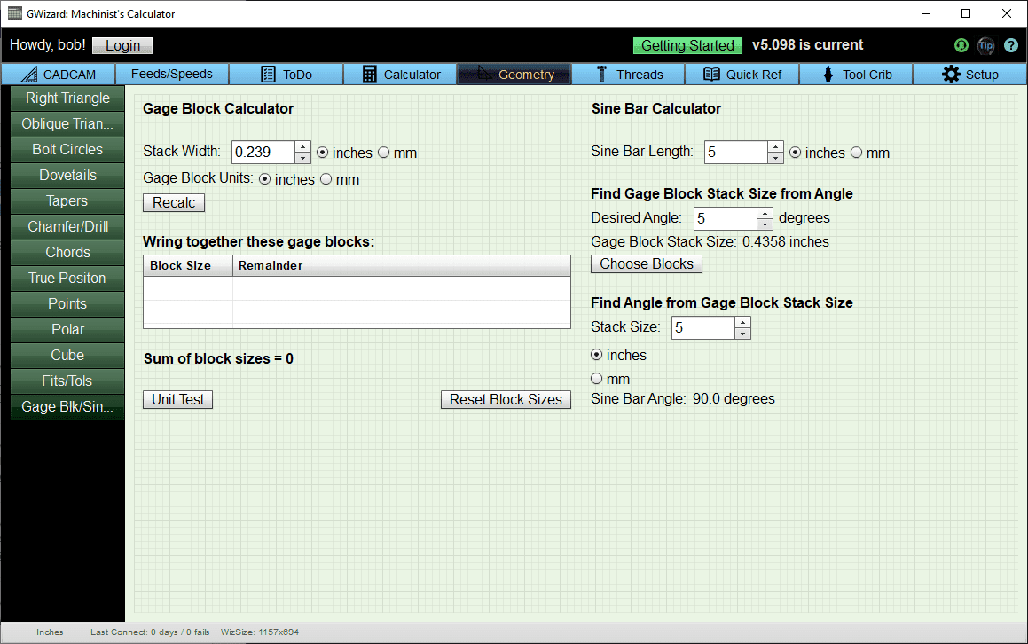 Machining calculator user interface with sections for calculations and settings.
