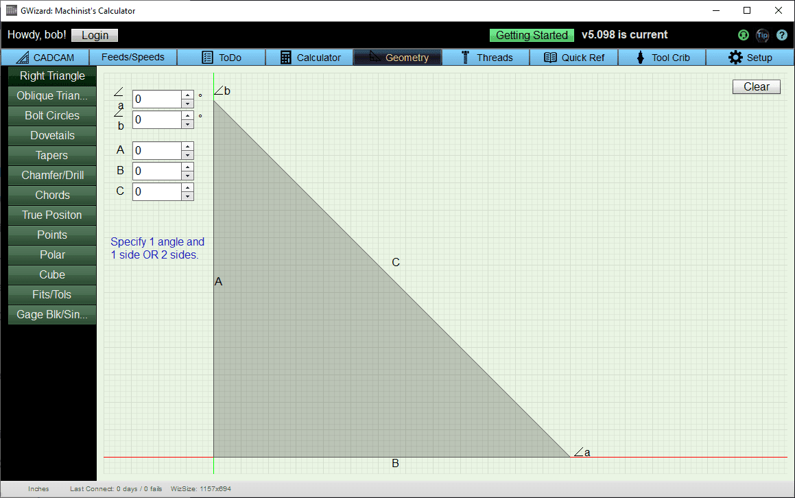 GWizard: Machinist's Calculator software screenshot with calculator area, tabs, and navigation bar.