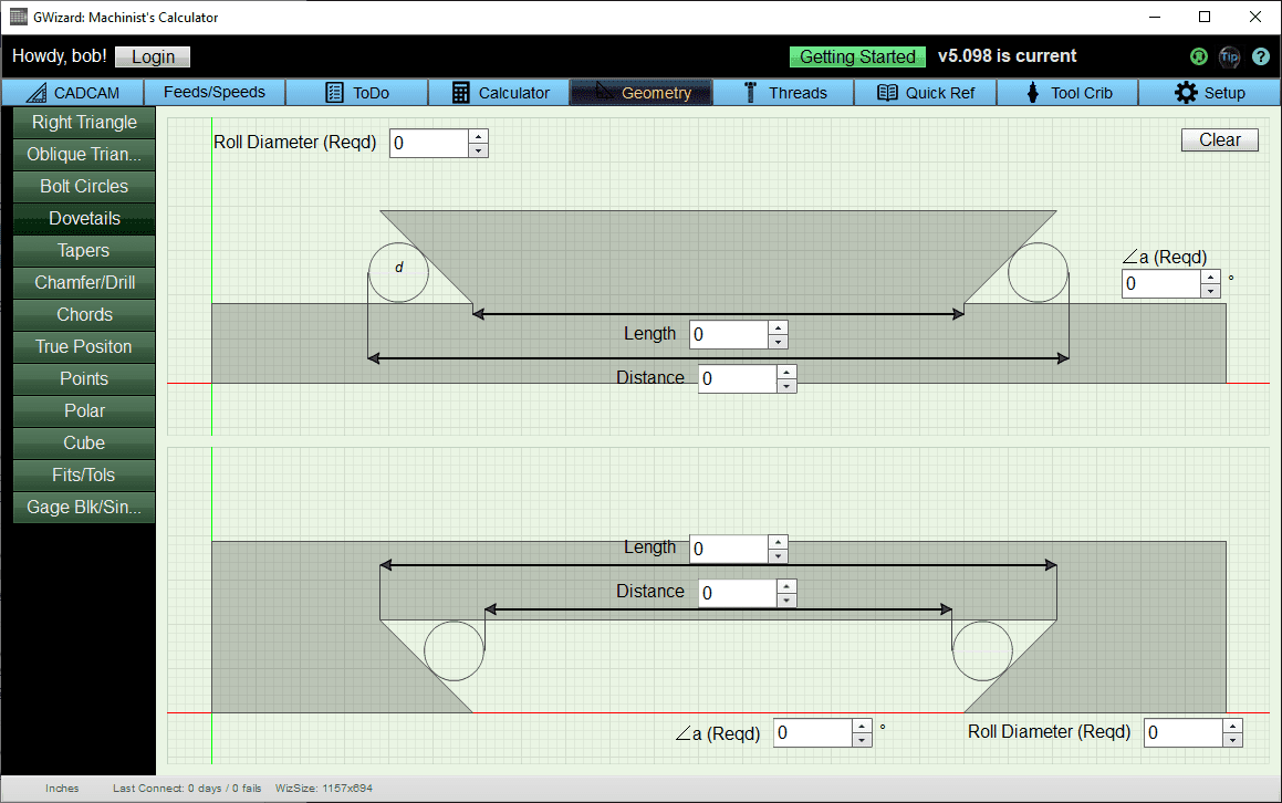 Machinist's calculator with input fields for calculating distances and lengths.