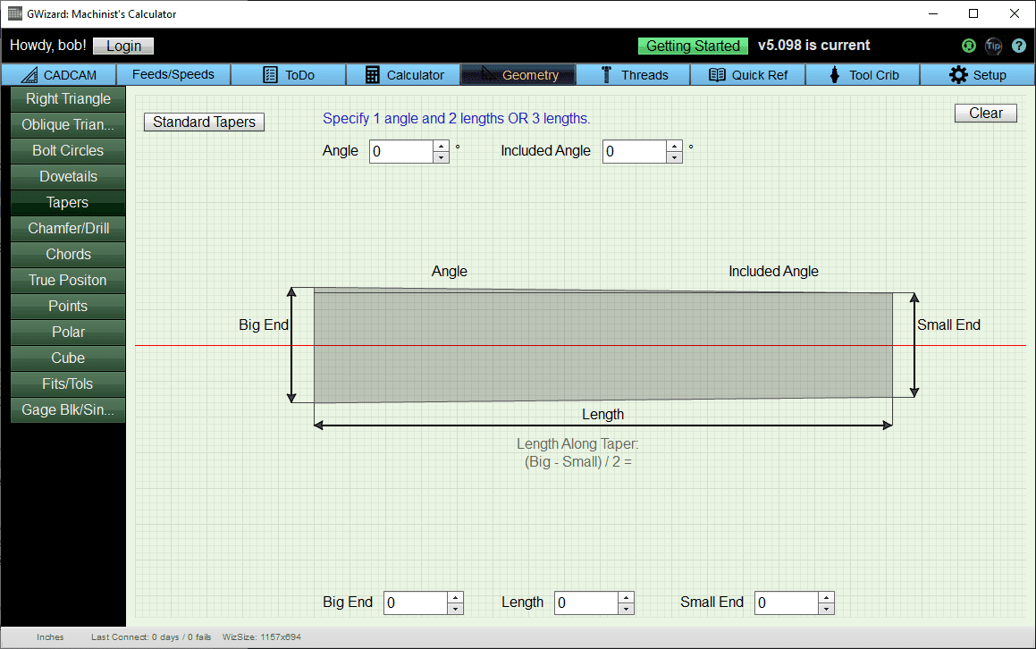 GWizard Machinist's Calculator software interface on a computer screen with graph paper background.
