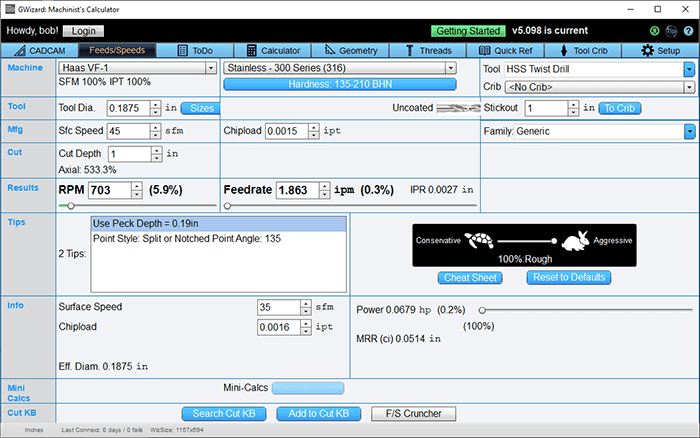 Machining calculator tool screenshot with input fields and buttons.